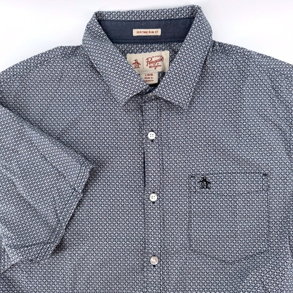 Original Penguin Button Down Shirt Mens Large Blue Heritage Slim Fit Geometric